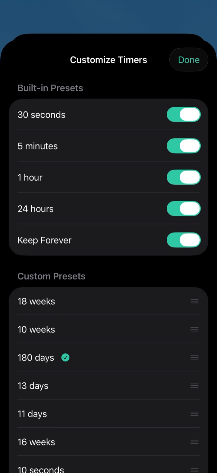 Customize Timers screen with built-in presets and a reorderable list of custom durations.