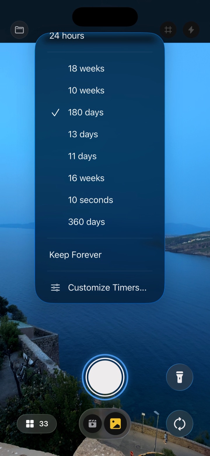 Timer menu listing built-in durations, custom presets and a Keep Forever option.