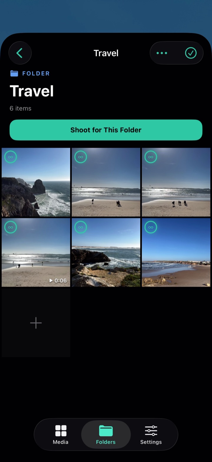 Travel folder with a Shoot for This Folder button above its contents.